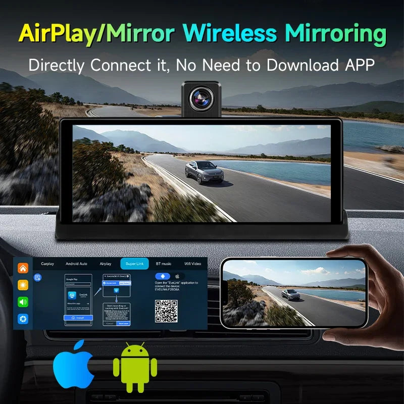 Écran DVR 4K CarPlay 10,26" — Caméra 360° Rotative, Android Auto, WiFi