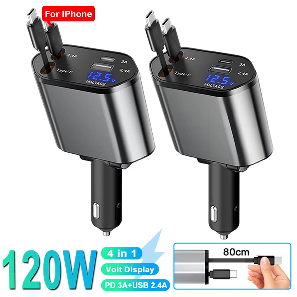 Chargeur Voiture 4-en-1 120W — USB-C 66W, Câble Rétractable, Affichage Volts