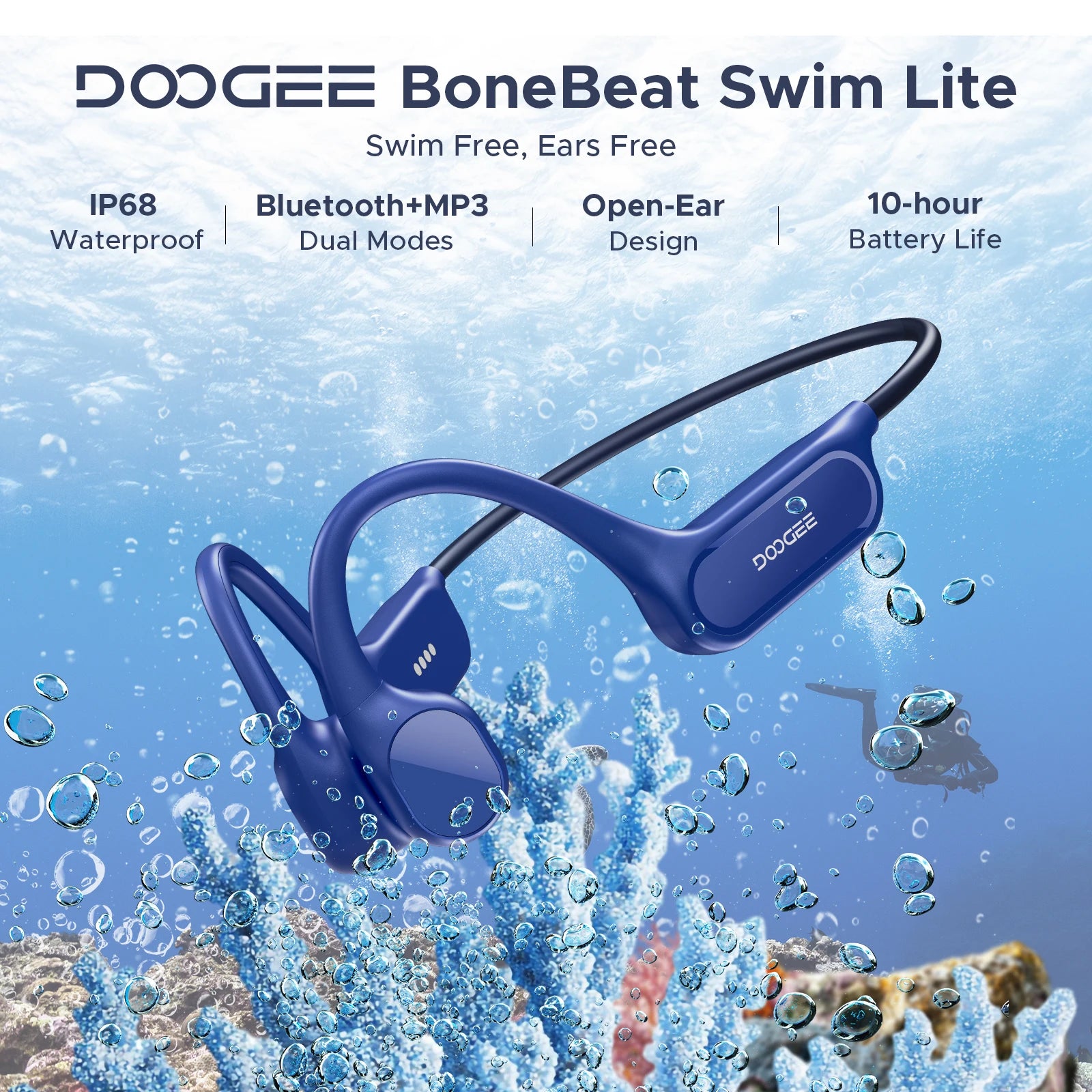 Casque à Conduction Osseuse DOOGEE BoneBeat — Bluetooth 5.4, IP68, 32 Go, Idéal Conduite & Sport