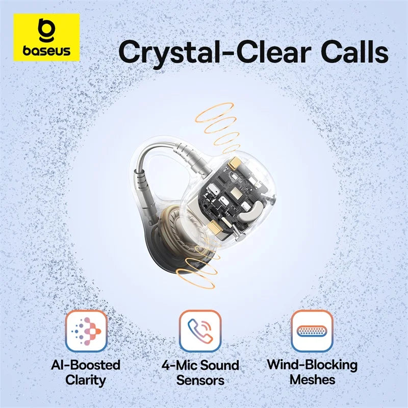 Écouteurs à Pince Baseus BC1 — Open-Ear Bluetooth 6.0, 4 Micros IA, Super Bass, IP55