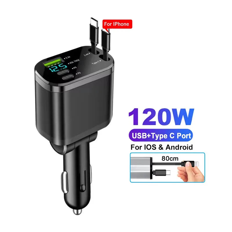 Chargeur Voiture 4-en-1 120W — USB-C 66W, Câble Rétractable, Affichage Volts
