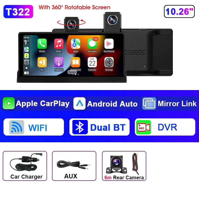 Écran DVR 4K CarPlay 10,26" — Caméra 360° Rotative, Android Auto, WiFi