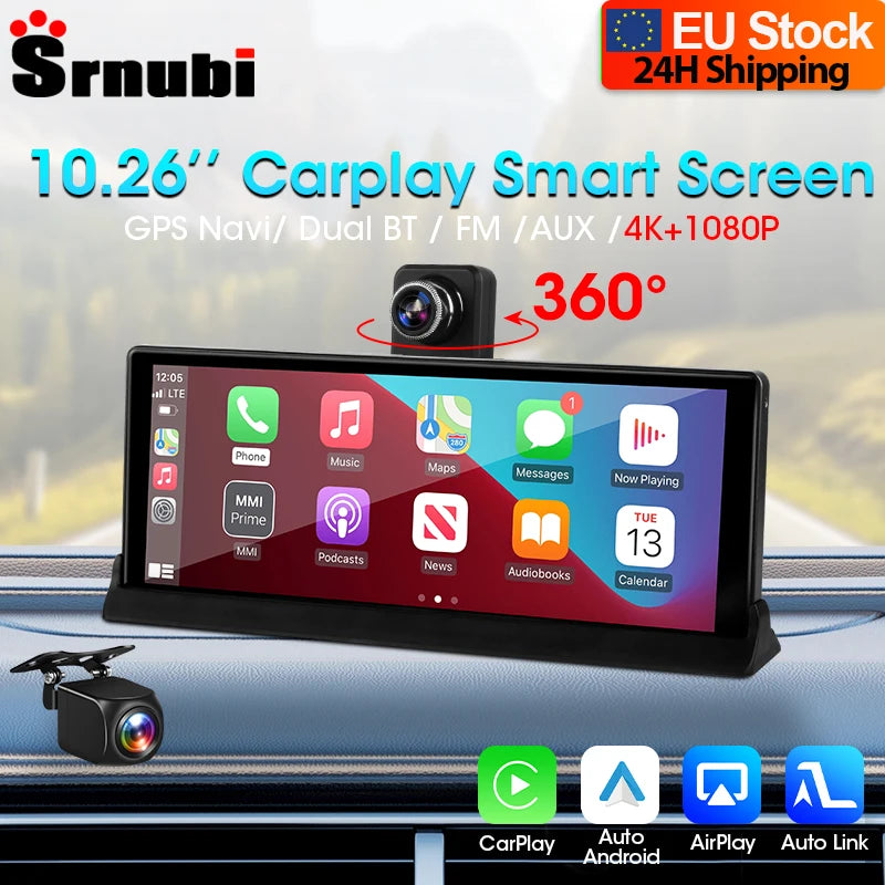 Écran DVR 4K CarPlay 10,26" — Caméra 360° Rotative, Android Auto, WiFi