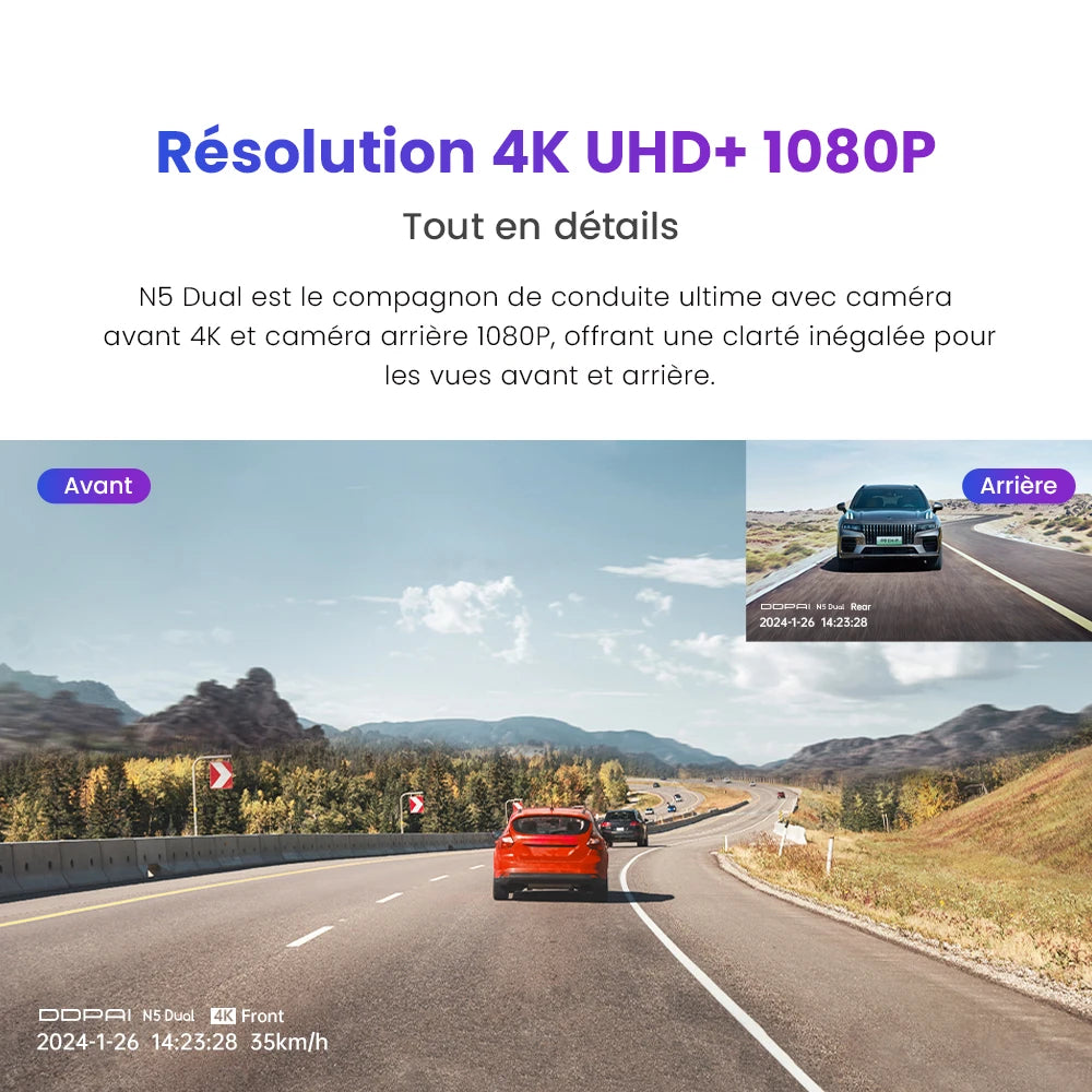 Dash cam DDPAI N5 Double Avant et Arrière 4K Ultra HD Résolution Dash cam NightVIS ADAS GPS Enregistrement Auto