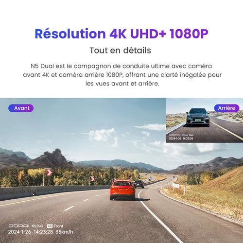 Dash cam DDPAI N5 Double Avant et Arrière 4K Ultra HD Résolution Dash cam NightVIS ADAS GPS Enregistrement Auto
