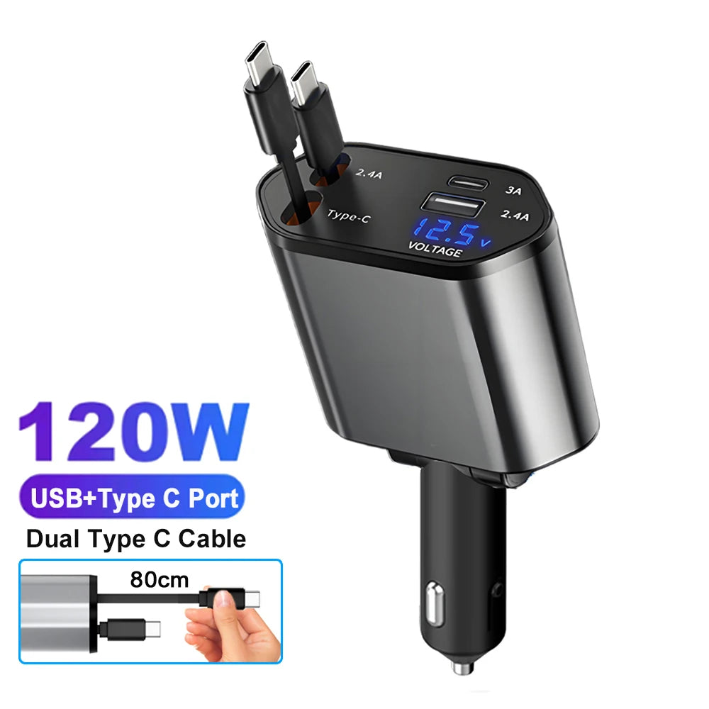 Chargeur Voiture 4-en-1 120W — USB-C 66W, Câble Rétractable, Affichage Volts