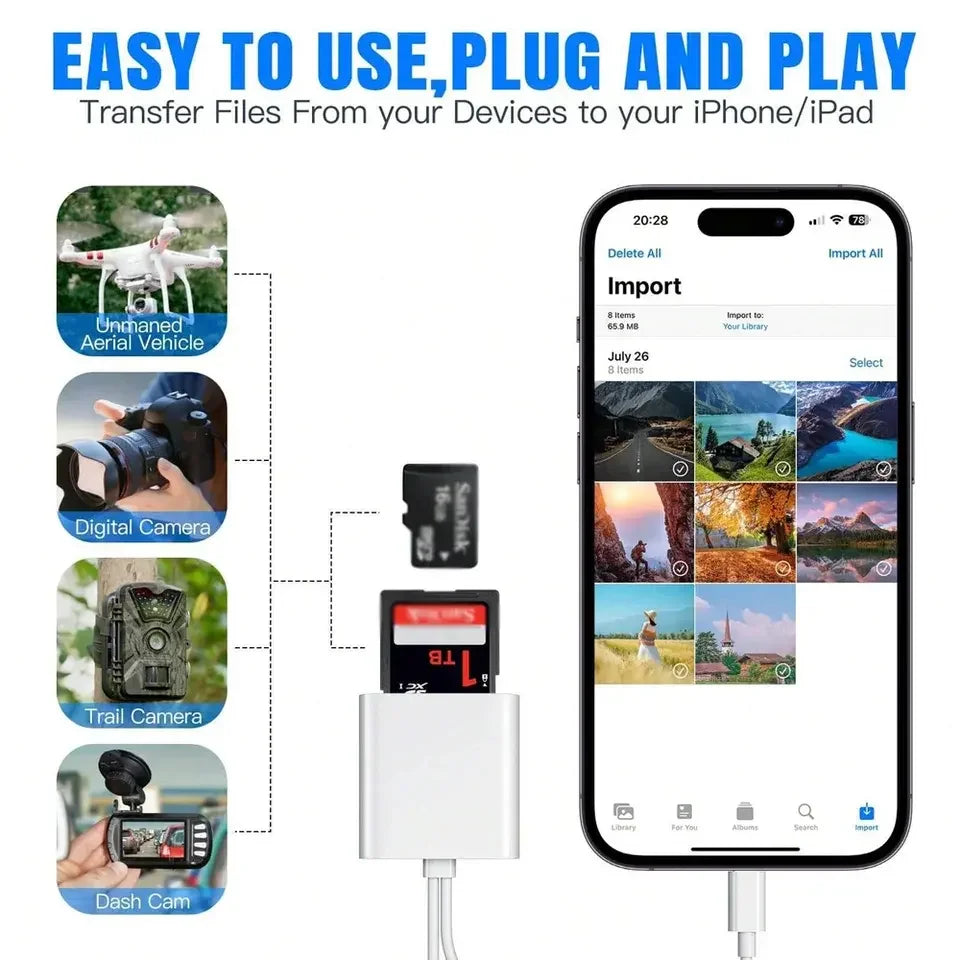Lecteur de Cartes OTG 2-en-1 Lightning & USB-C — SD/TF pour iPhone & Android