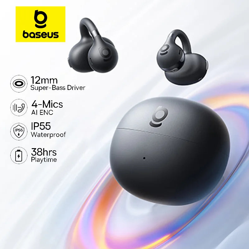 Écouteurs à Pince Baseus BC1 — Open-Ear Bluetooth 6.0, 4 Micros IA, Super Bass, IP55