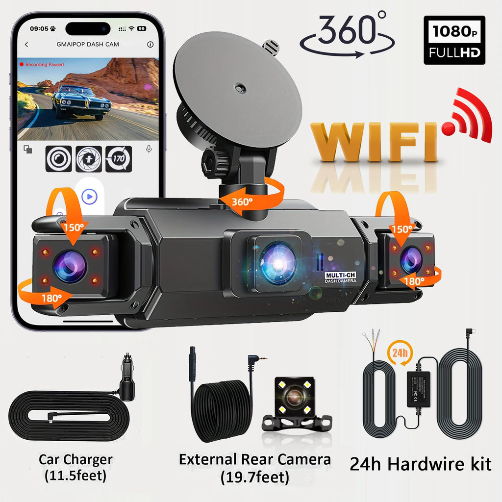 Dashcam 4 Canaux WiFi — Caméra de Bord FHD 1080P Vision Nocturne & Surveillance Parking