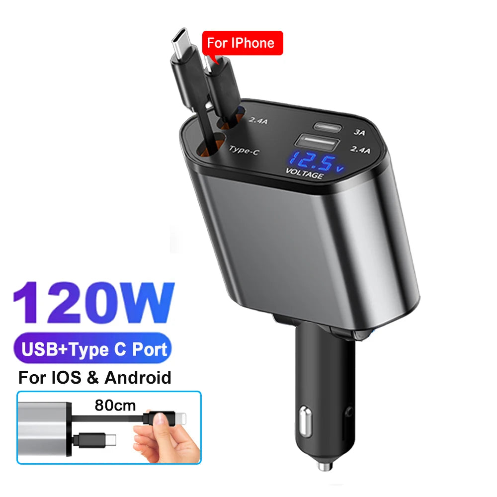 Chargeur Voiture 4-en-1 120W — USB-C 66W, Câble Rétractable, Affichage Volts
