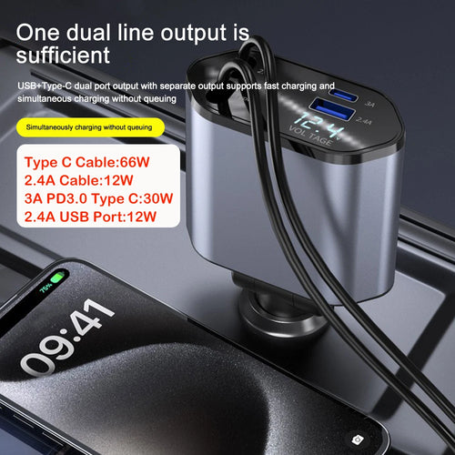 Chargeur de voiture 4 EN 1 120W Type C 66W + câble de chargement 2,4A avec cordons rétractables et affichage de volts pour iPhone et android
