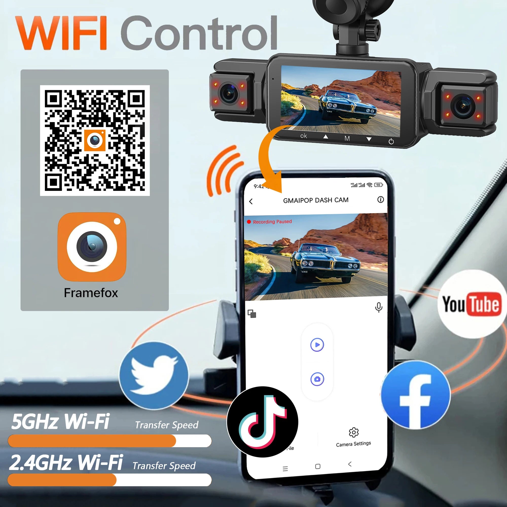 Dashcam 4 Canaux WiFi — Caméra de Bord FHD 1080P Vision Nocturne & Surveillance Parking