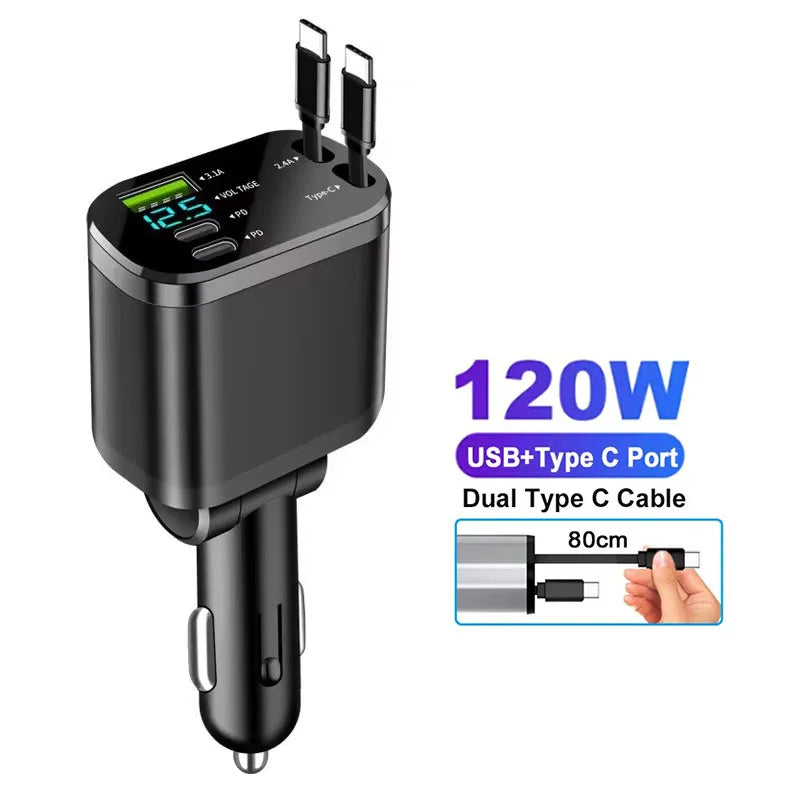 Chargeur Voiture 4-en-1 120W — USB-C 66W, Câble Rétractable, Affichage Volts