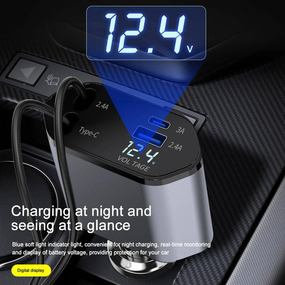 Chargeur Voiture 4-en-1 120W — USB-C 66W, Câble Rétractable, Affichage Volts