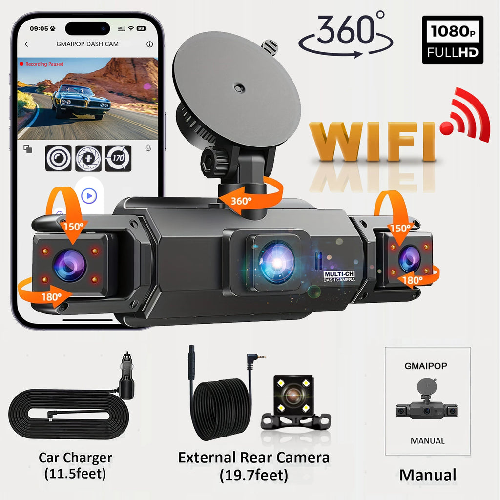 Dashcam 4 Canaux WiFi — Caméra de Bord FHD 1080P Vision Nocturne & Surveillance Parking