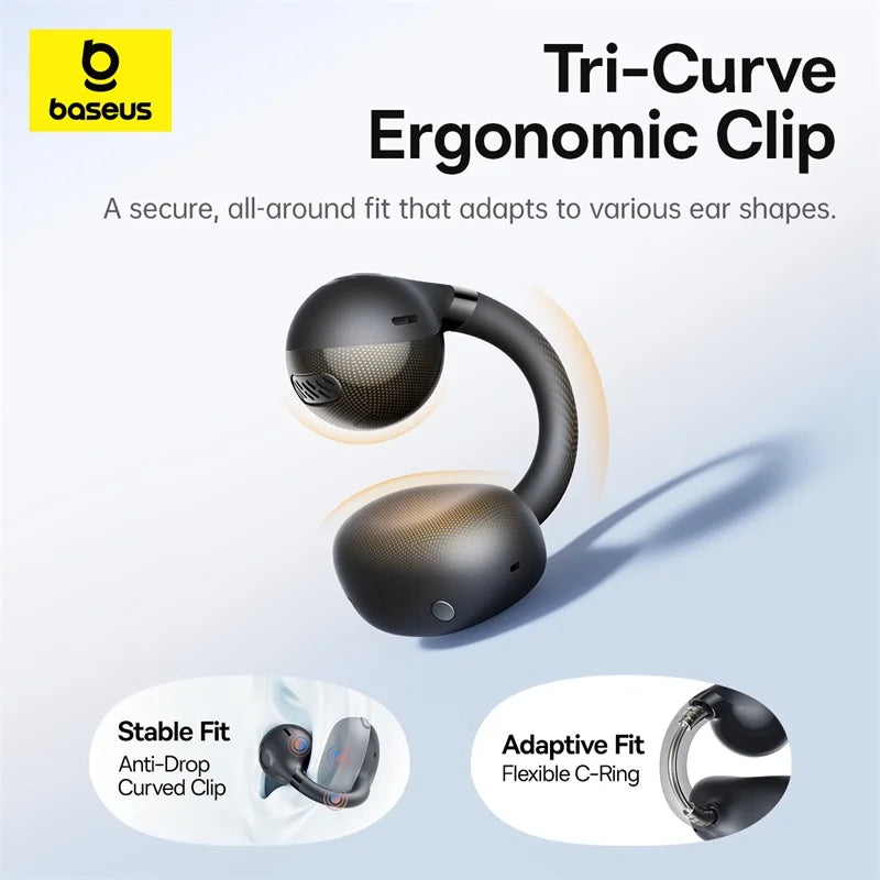 Écouteurs à Pince Baseus BC1 — Open-Ear Bluetooth 6.0, 4 Micros IA, Super Bass, IP55