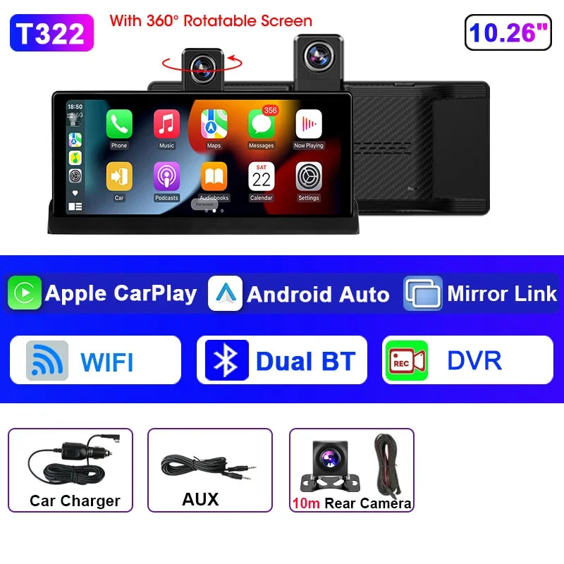 Écran DVR 4K CarPlay 10,26" — Caméra 360° Rotative, Android Auto, WiFi Srnubi Europe Choice 51 Store