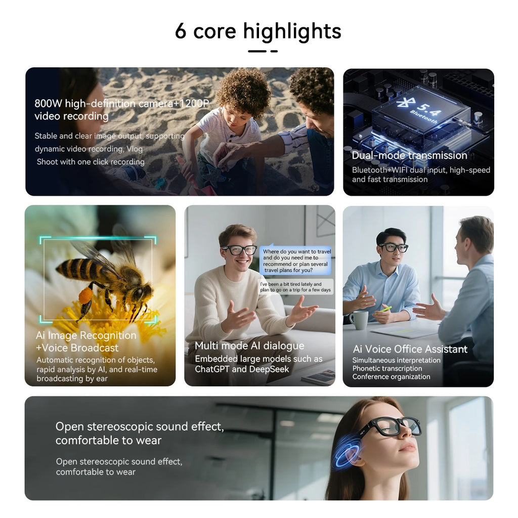 Lunettes Connectées IA Blackview BV100 — Caméra 2K, Assistant Vocal, Traduction Temps Réel, Bluetooth 5.4