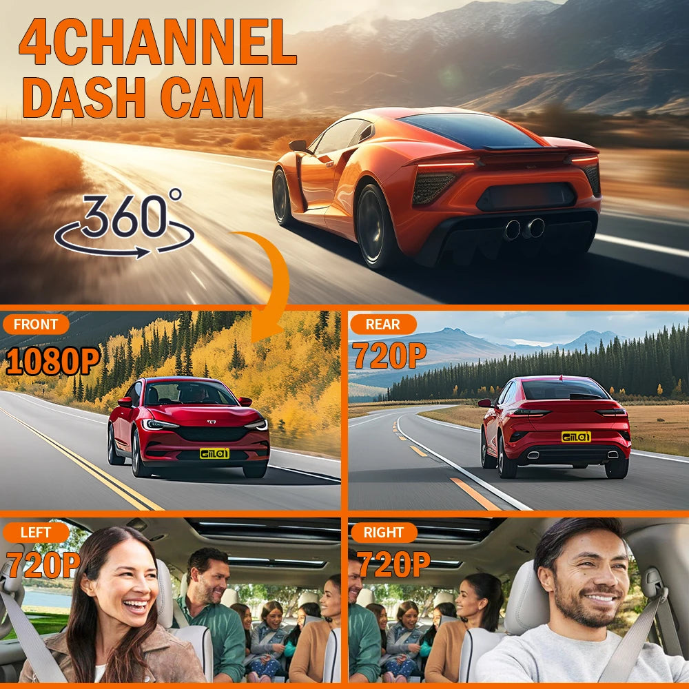 Dashcam 4 Canaux WiFi — Caméra de Bord FHD 1080P Vision Nocturne & Surveillance Parking