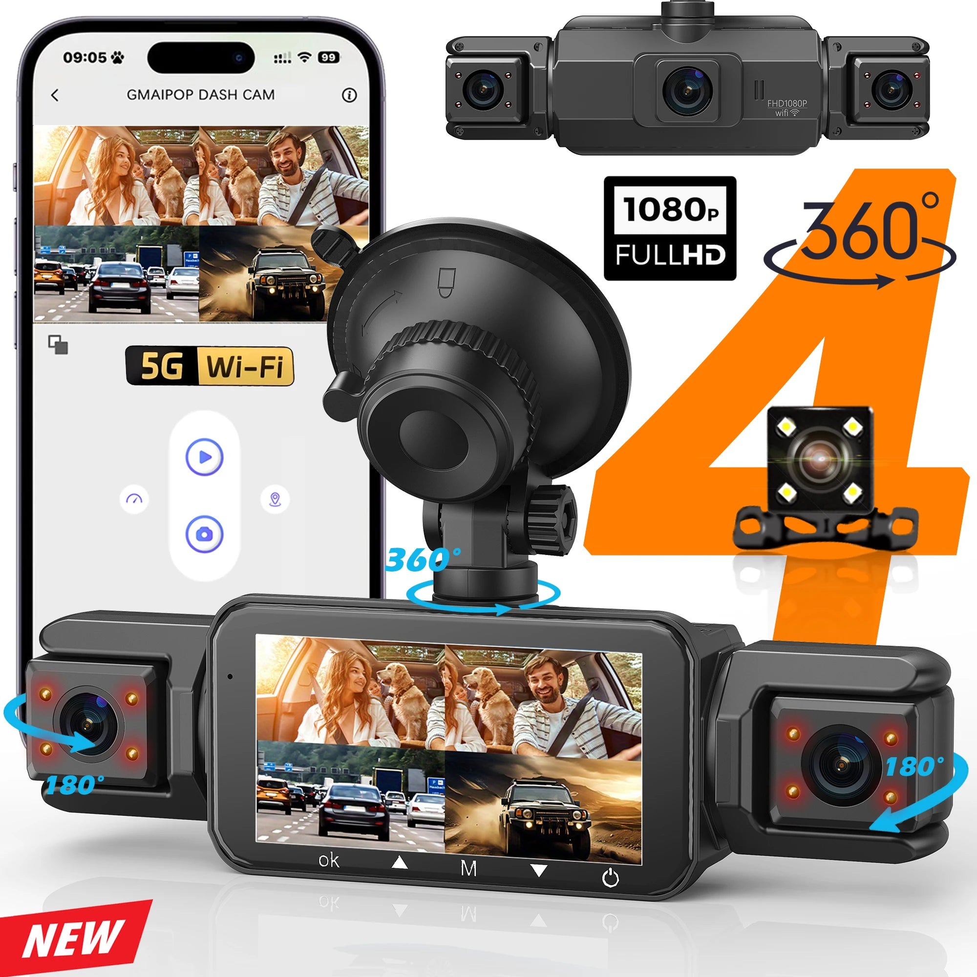 Dashcam 4 Canaux WiFi — Caméra de Bord FHD 1080P Vision Nocturne & Surveillance Parking