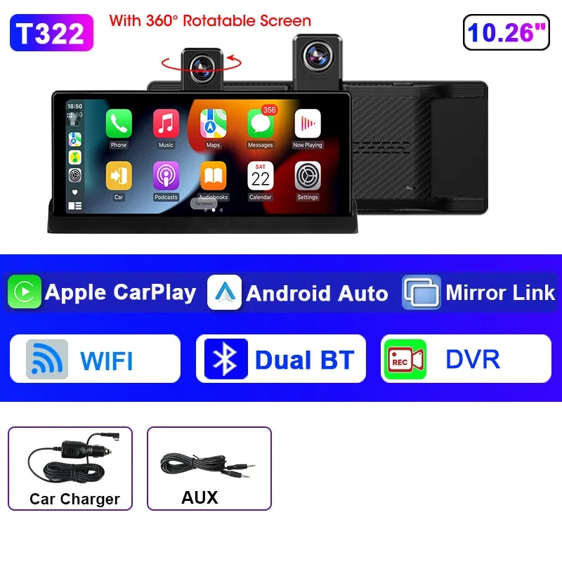 Écran DVR 4K CarPlay 10,26" — Caméra 360° Rotative, Android Auto, WiFi