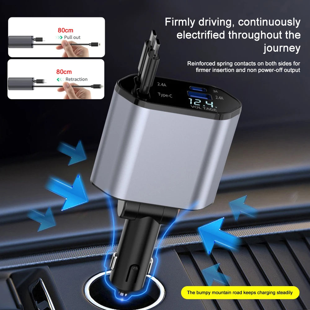 Chargeur Voiture 4-en-1 120W — USB-C 66W, Câble Rétractable, Affichage Volts