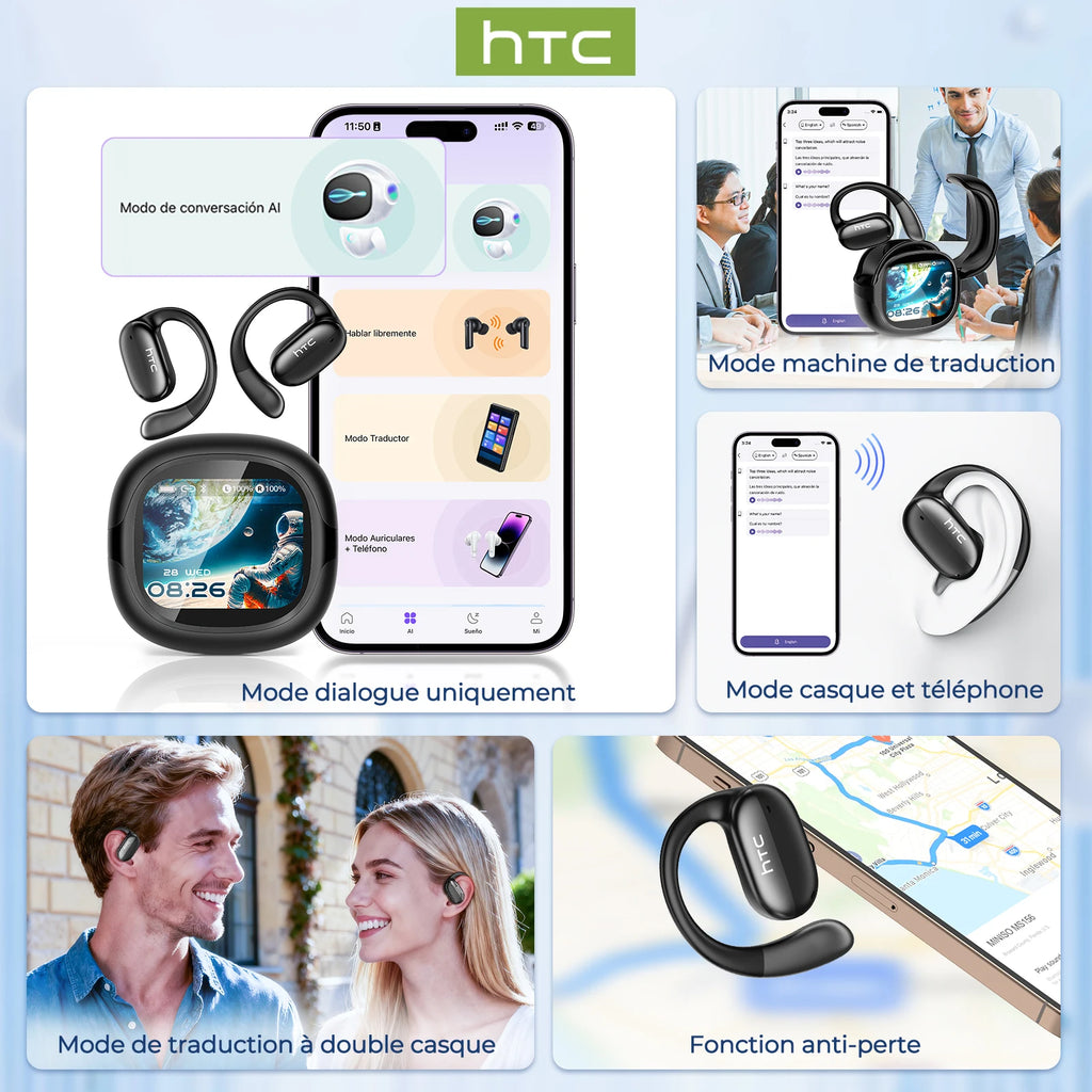 Écouteurs Sans Fil HTC NE58 — Bluetooth 6.0, Tactile LED, HiFi, Version IA Traduction Disponible