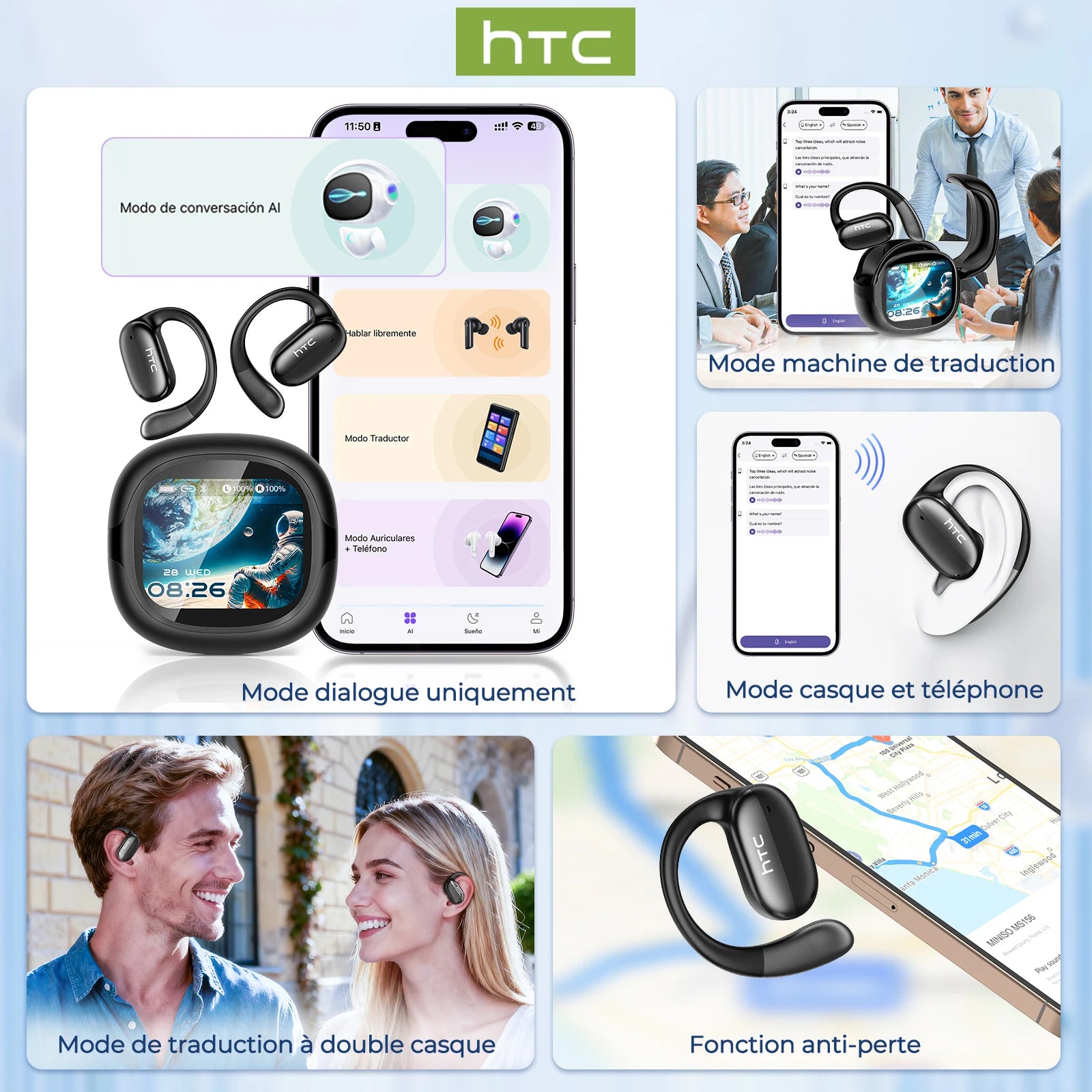 Écouteurs Sans Fil HTC NE58 — Bluetooth 6.0, Tactile LED, HiFi, Version IA Traduction Disponible