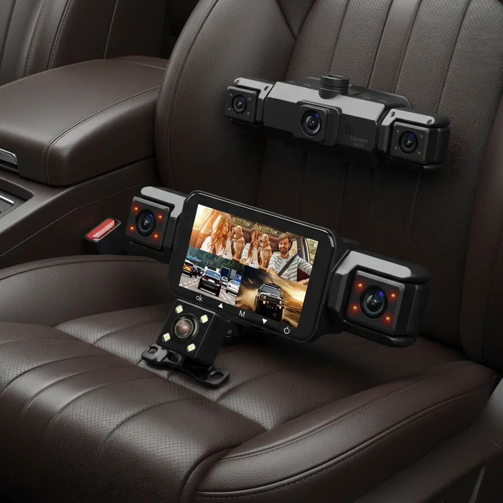 Dashcam 4 Canaux — Flat lay siège en cuir